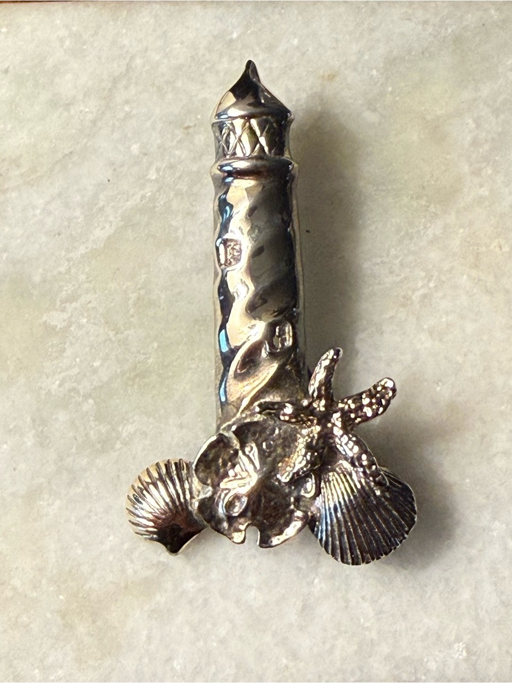 Silver Tone Nautical Lighthouse Pin with Seashell Accents